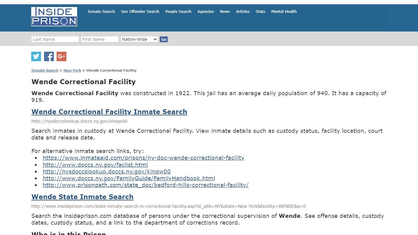 Wende Correctional Facility - New York - Inmate Search